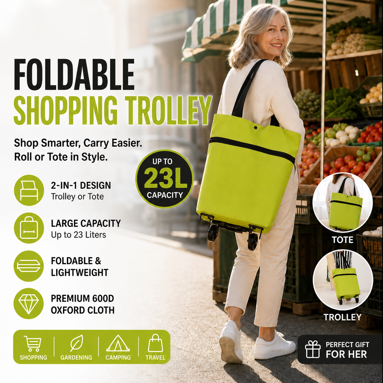 🛒 Chariot de courses pliable 2-en-1 – Sac de courses robuste à roulettes pour supermarché, marché et voyage
