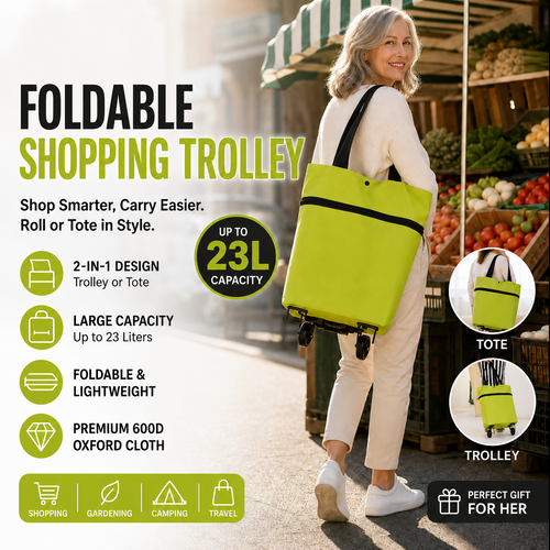 🛒 Chariot de courses pliable 2-en-1 – Sac de courses robuste à roulettes pour supermarché, marché et voyage