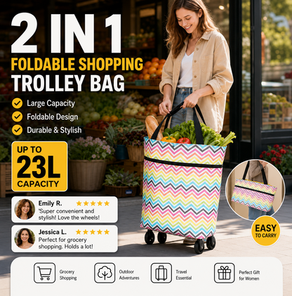 🛒 Chariot de courses pliable 2-en-1 – Sac de courses robuste à roulettes pour supermarché, marché et voyage