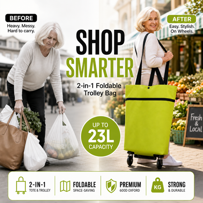 🛒 Chariot de courses pliable 2-en-1 – Sac de courses robuste à roulettes pour supermarché, marché et voyage