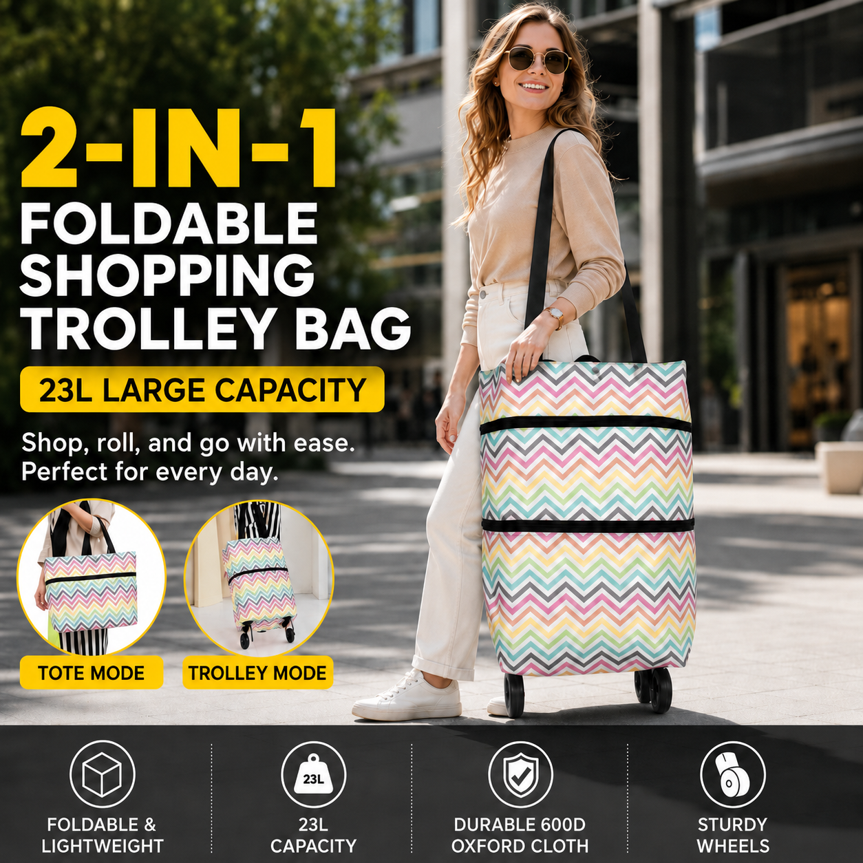 🛒 Chariot de courses pliable 2-en-1 – Sac de courses robuste à roulettes pour supermarché, marché et voyage