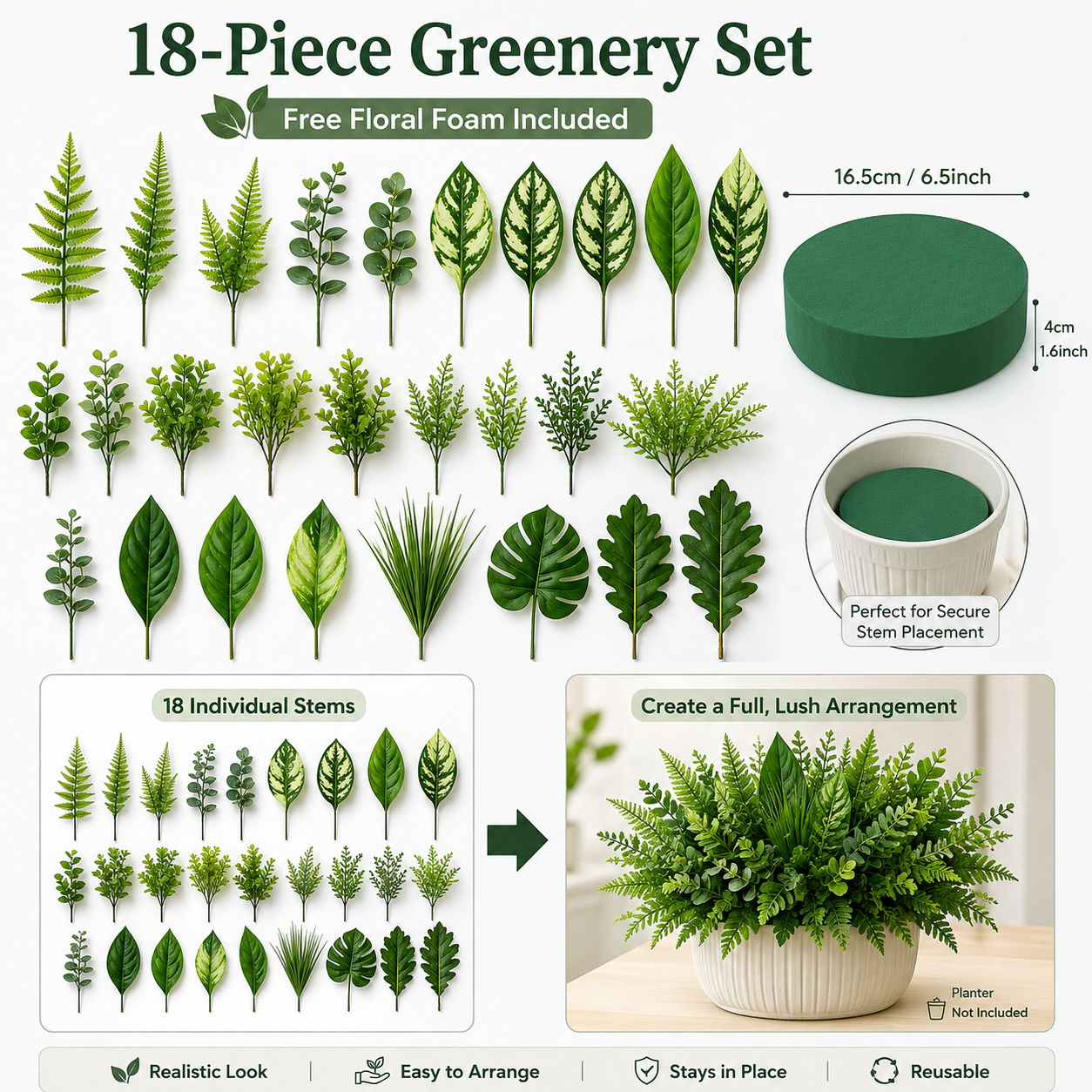 🔥🔥18-Piece Artificial Greenery Arrangement Set – Mix & Match Faux Plant Fillers（Free floral foam）