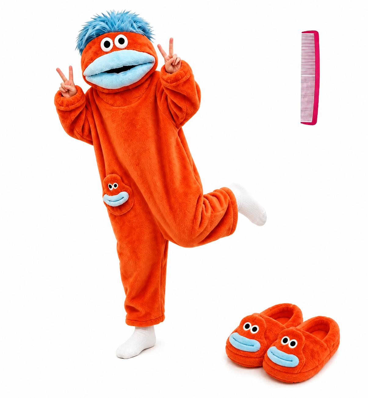Big Mouth Monster Onesie Pajamas with Large Comb – Oversized Plush Fleece Hooded One Piece for Sleep & Party