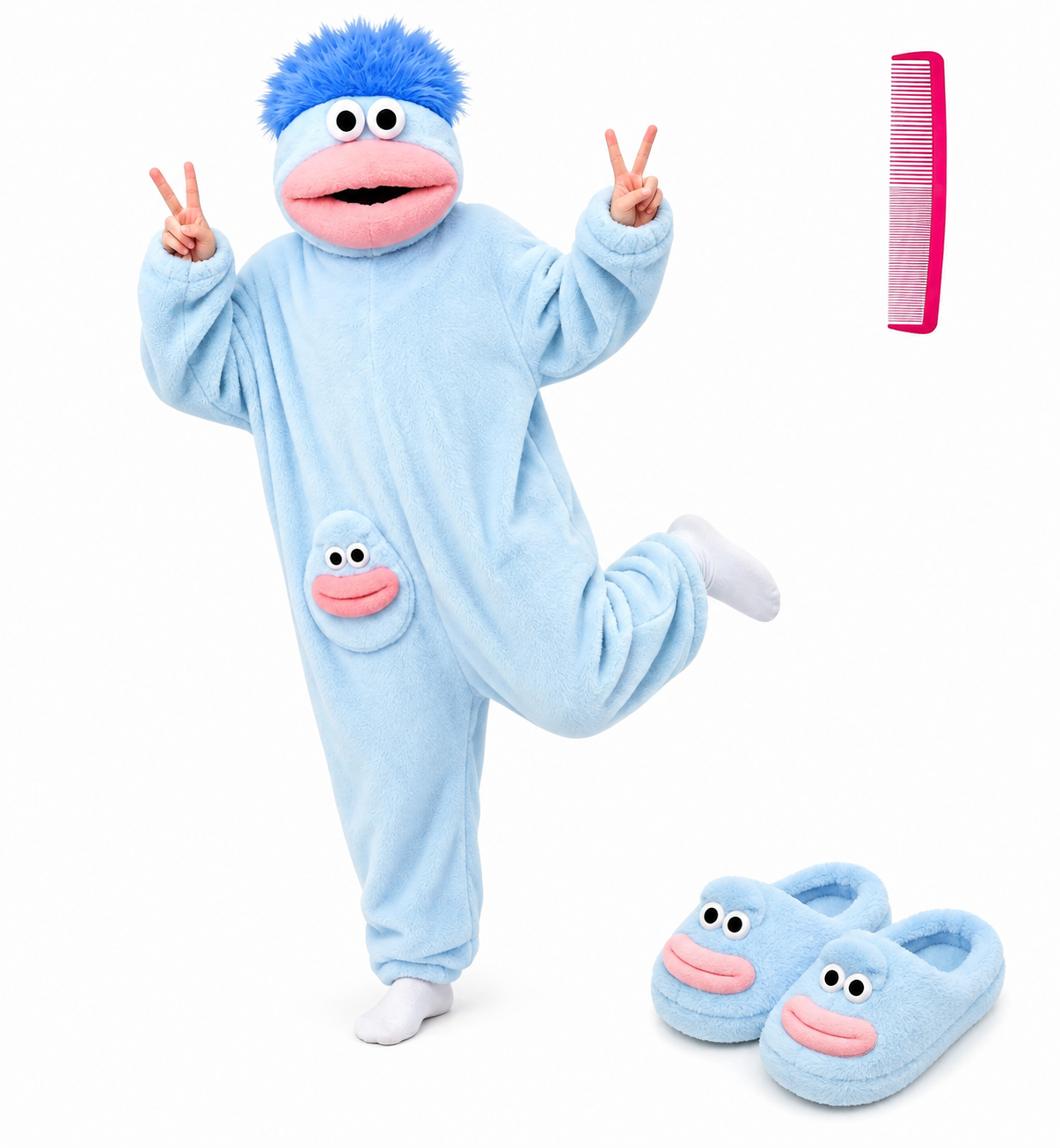 Big Mouth Monster Onesie Pajamas with Large Comb – Oversized Plush Fleece Hooded One Piece for Sleep & Party