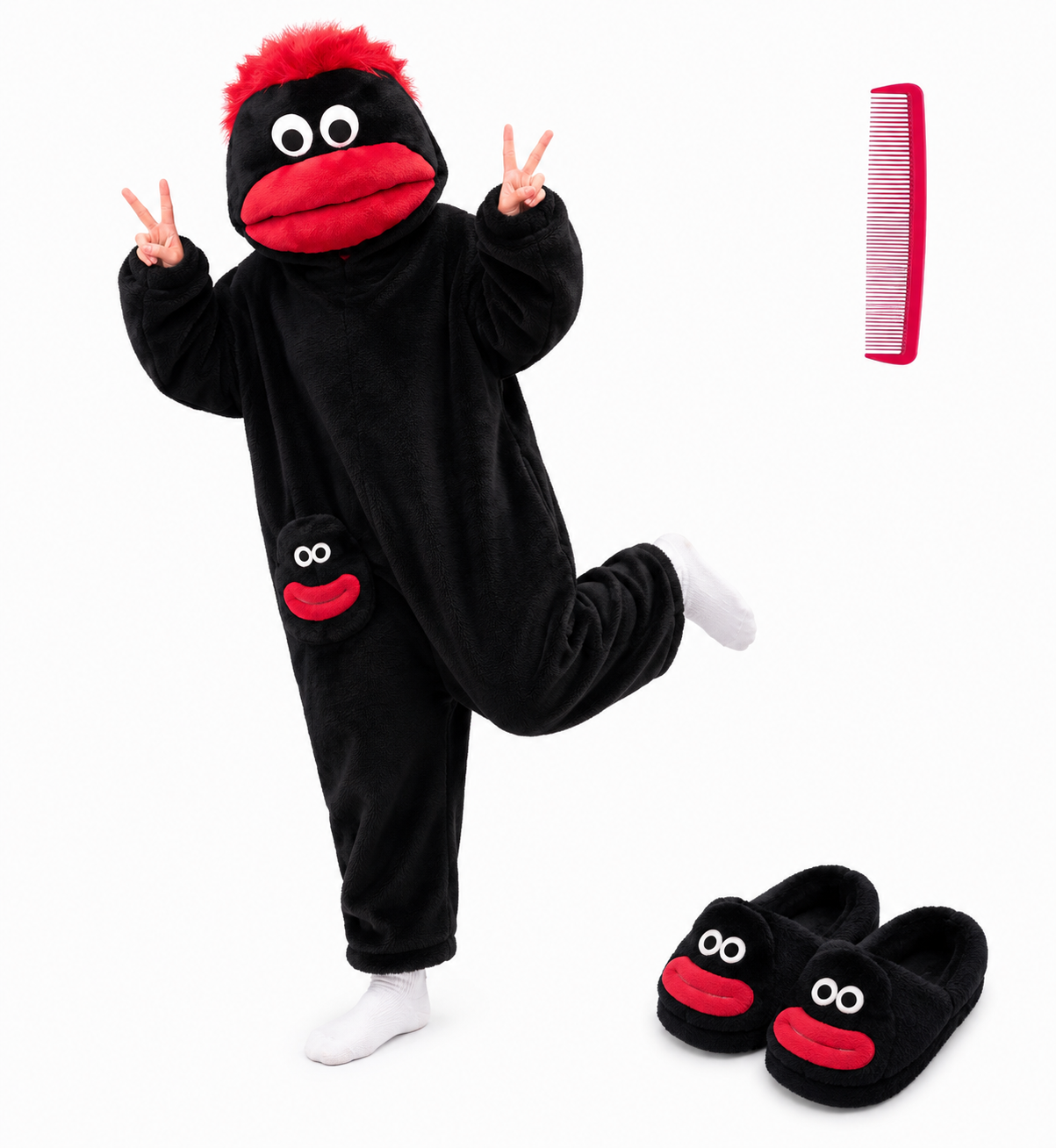 Big Mouth Monster Onesie Pajamas with Large Comb – Oversized Plush Fleece Hooded One Piece for Sleep & Party
