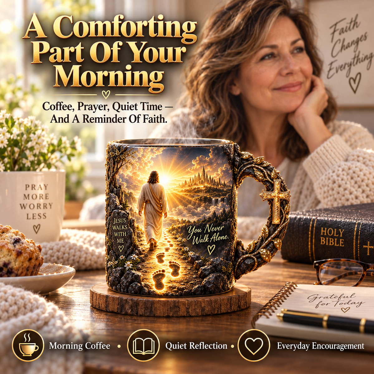 Faith mug morning coffee prayer scene