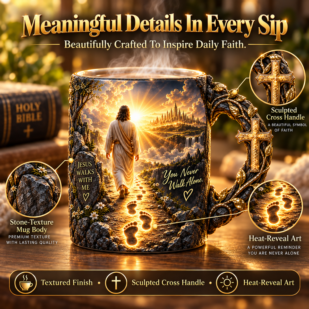 Faith mug cross handle and detailed artwork