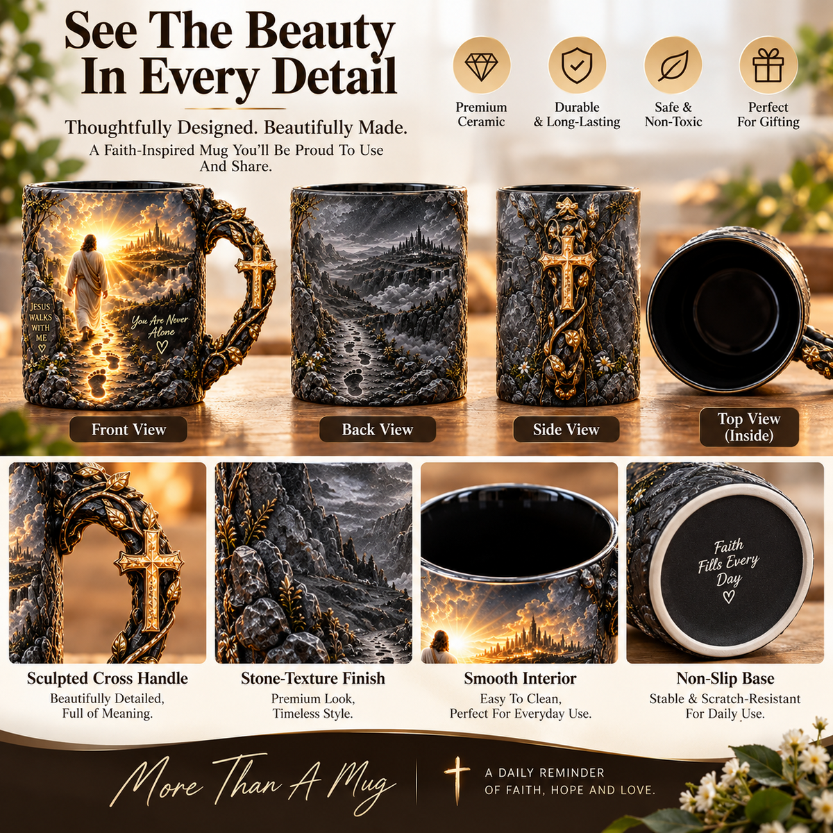 Front back side top views of faith mug
