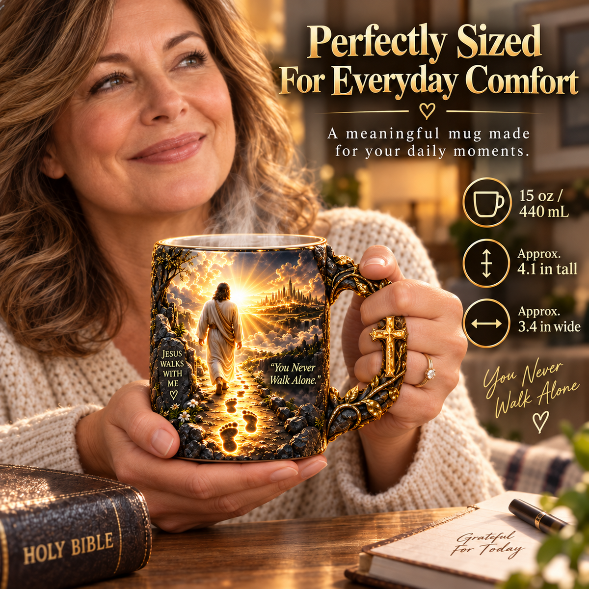 Woman holding heat reveal faith mug