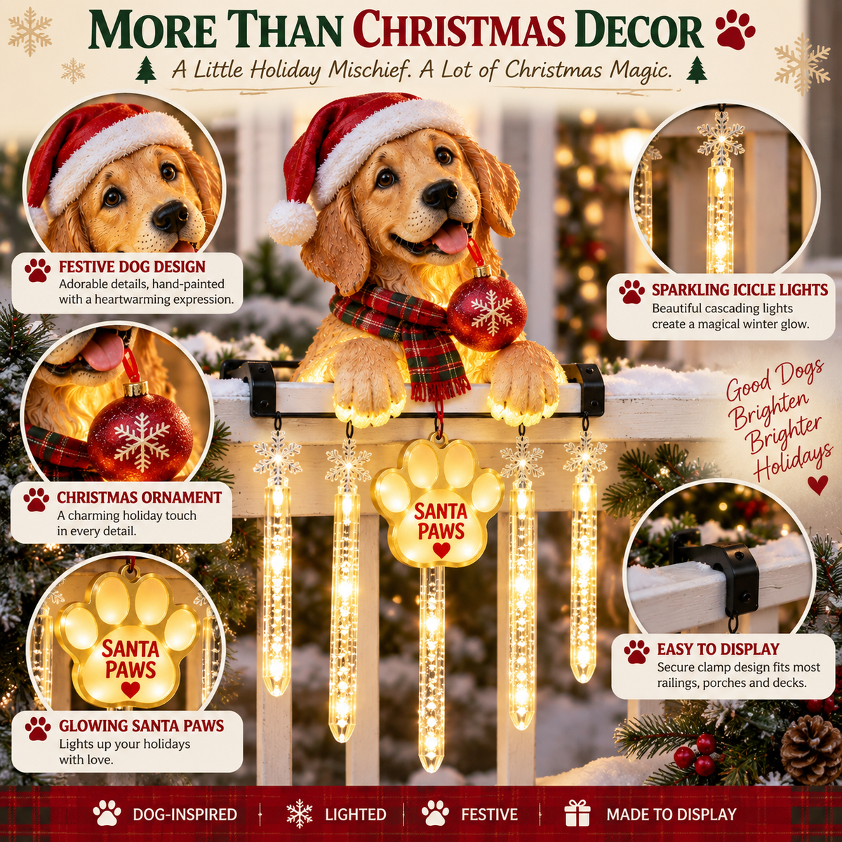 Santa Paws dog Christmas railing light design details