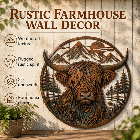 🏔️ Highland Cow Mountain‑Scene Metal Wall Decor – Rustic Open‑Work Farmhouse Art