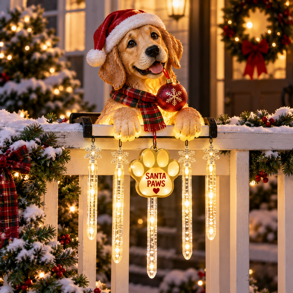 Santa Paws Christmas dog railing light on a decorated porch