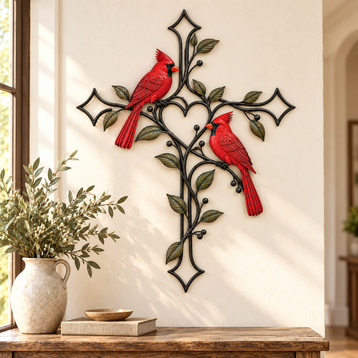 🐦❤️ Love Stays Close – Cardinal Heart Cross Wall Decor