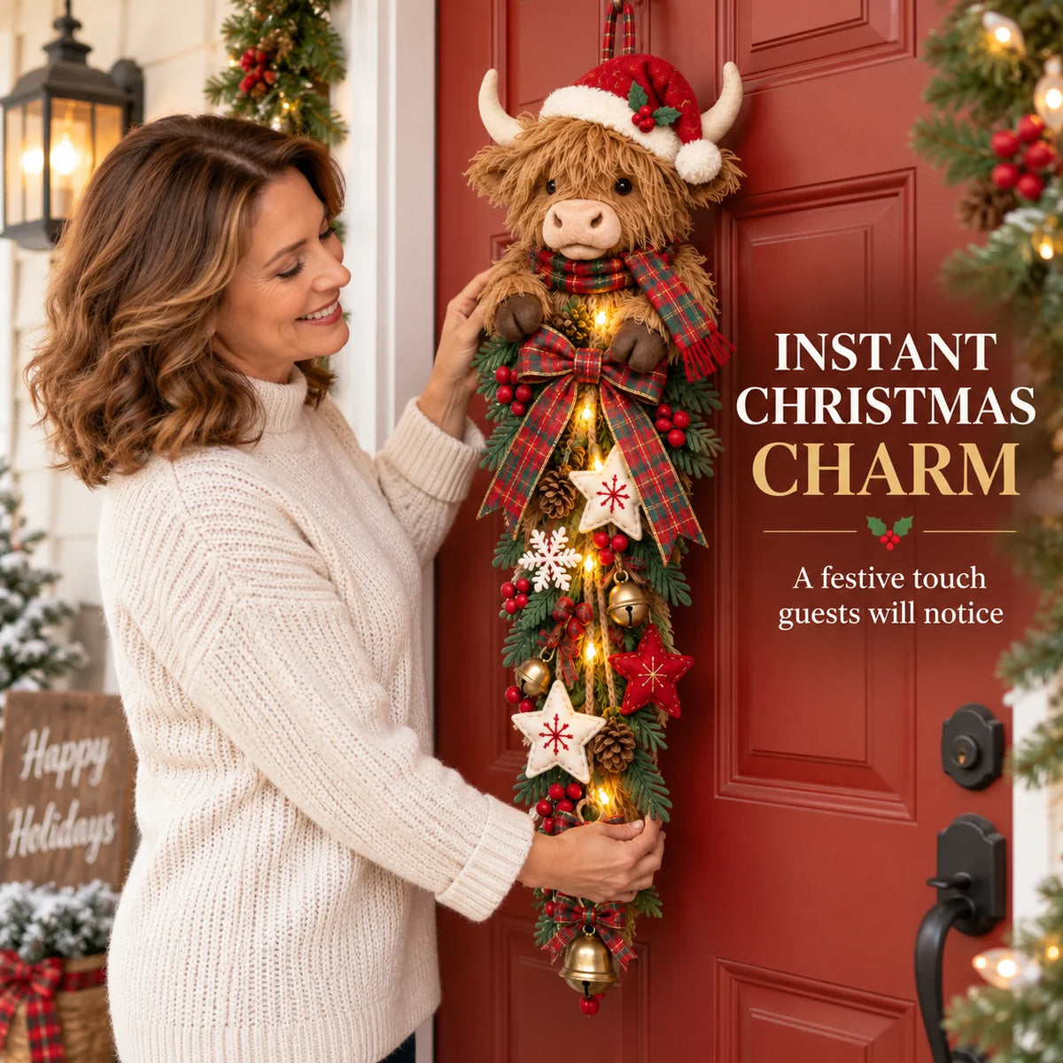 🎄 Lighted Highland Cow Christmas Door Swag – A Cozy Holiday Welcome