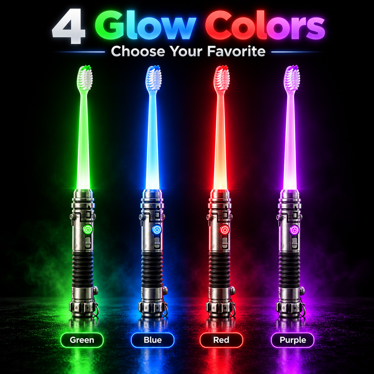 Four available glow colors: green, blue, red and purple