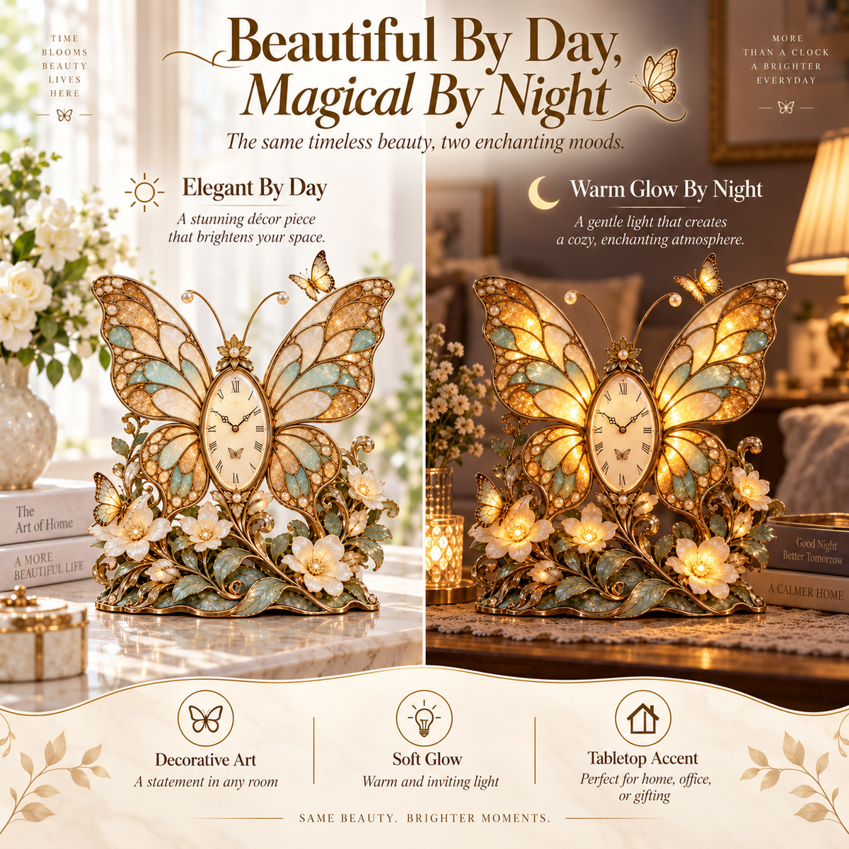 Butterfly Bloom Glow Clock beautiful by day magical by night