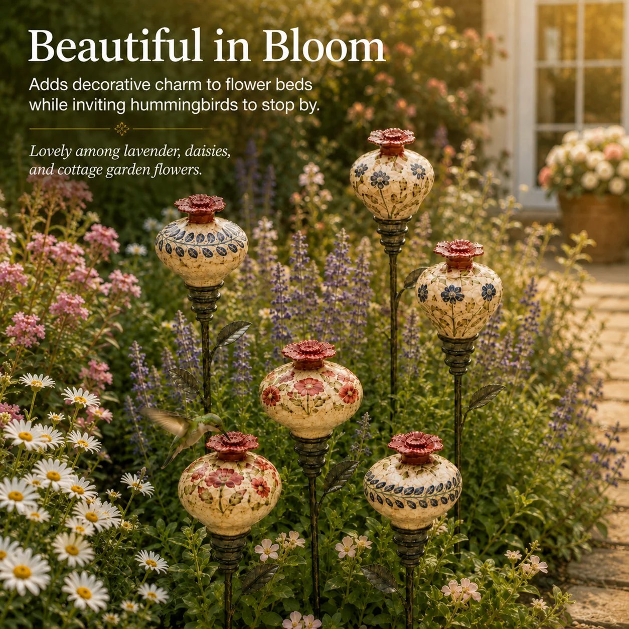 Vintage ceramic hummingbird feeders displayed among blooming flowers