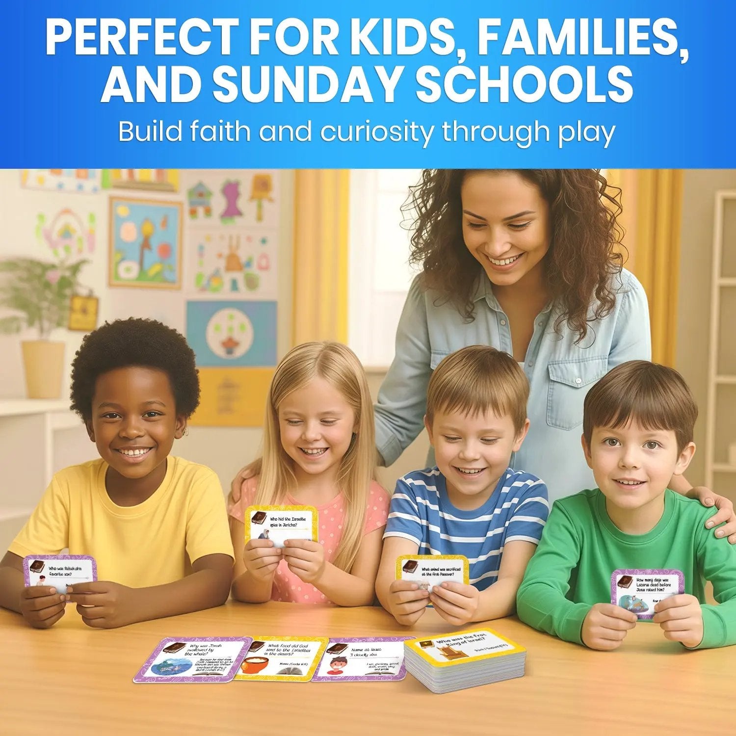 ✝️🙏Bible Trivia Cards for Kids – ✨300 Questions, 150 Cards, Perfect for Family Game Night & Sunday School