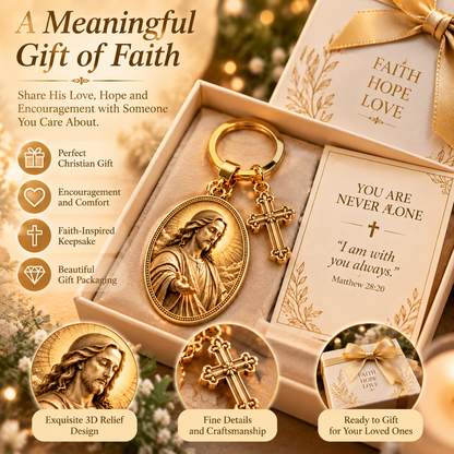 ✝️ You Are Never Alone – Jesus 3D Relief Keychain with Inspirational Scripture & Cross Charm