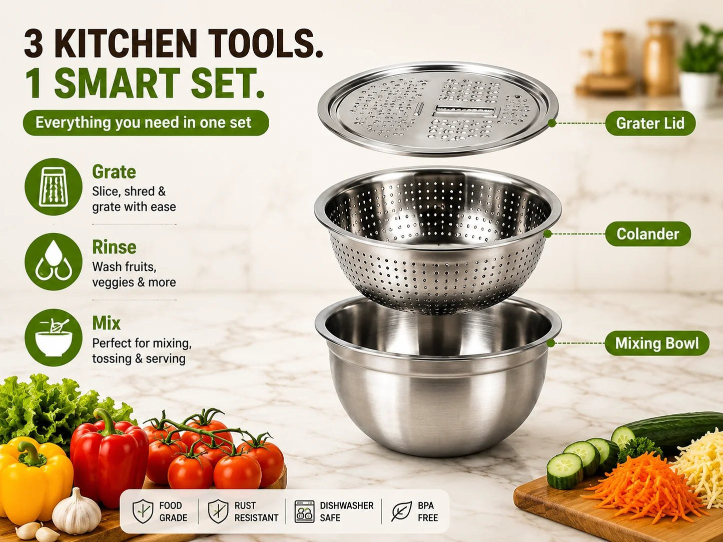 🔥Hot Sale 50% OFF 🎁3-in-1 Stainless Steel Grater Bowl & Colander Set