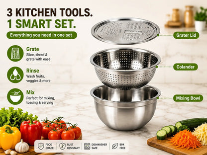 🔥Hot Sale 50% OFF 🎁3-in-1 Stainless Steel Grater Bowl & Colander Set