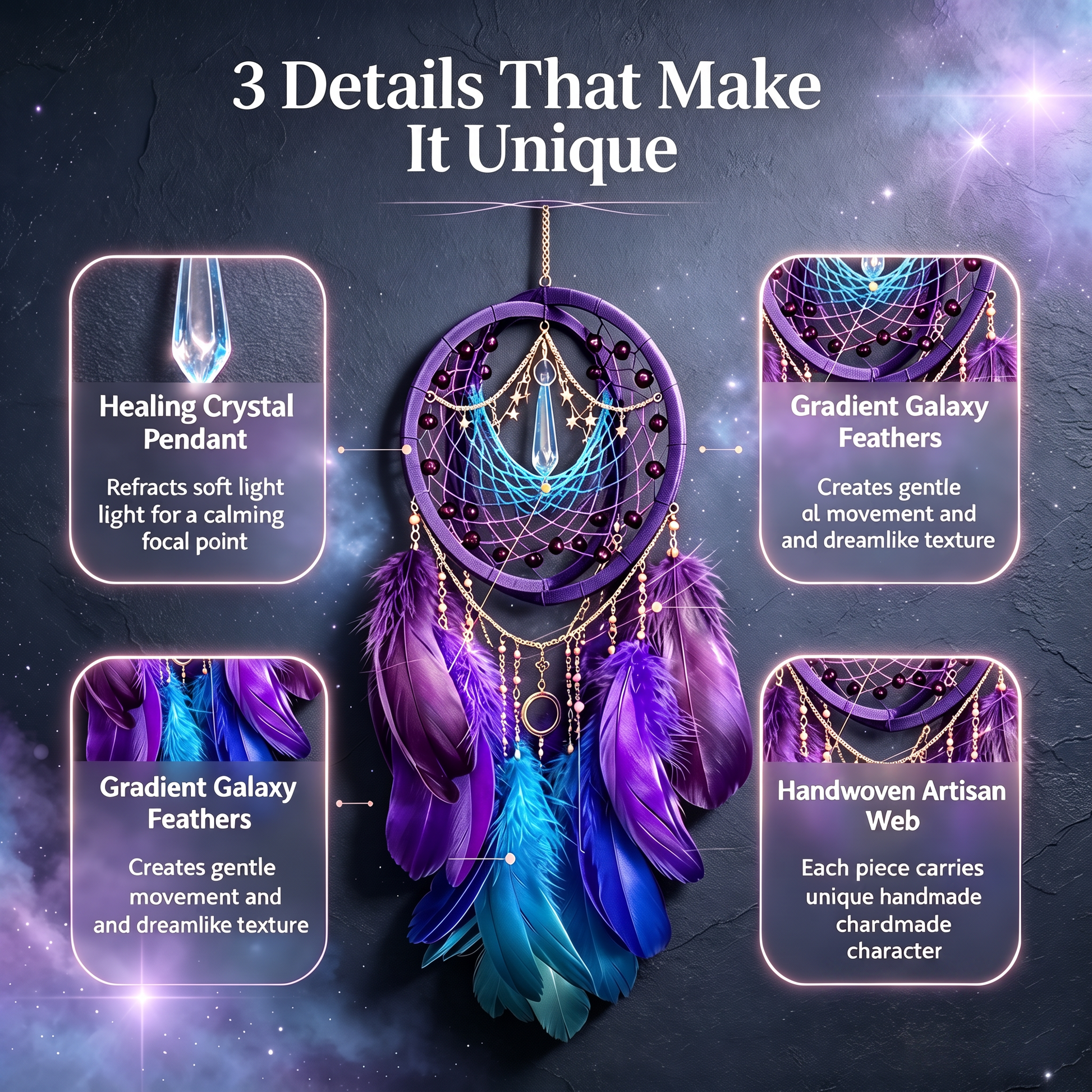 Close-up details of cosmic crystal dreamcatcher