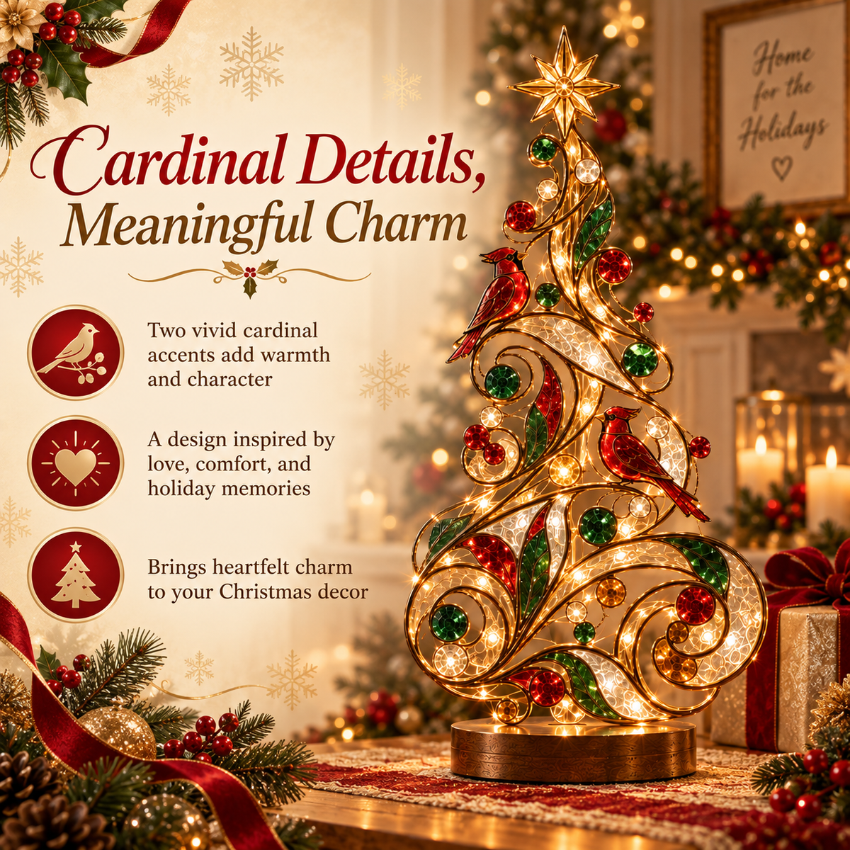 🐦Lighted Stained Glass-Inspired Christmas Tree Tabletop Decor with Red Cardinal Birds