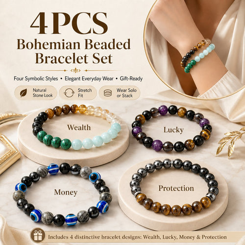 ✨ 4PCS Bohemian Beaded Bracelet Set 💎 | Wealth • Lucky • Money • Protection 🪬 | Elegant Gift for Her 🎁