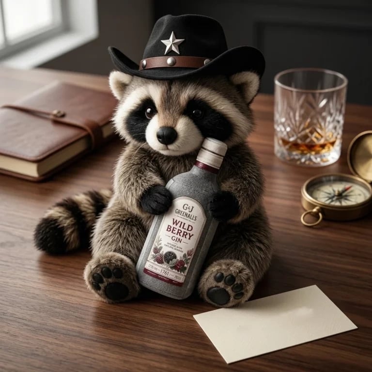 Soft cowboy raccoon plush seated on a wooden office desk