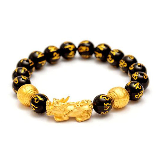 Bracelet Pixiu en onyx noir avec perles Om Mani Padme Hum