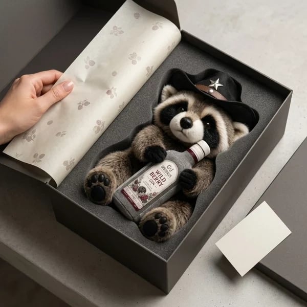 Cowboy raccoon collector plush presented in a gift box