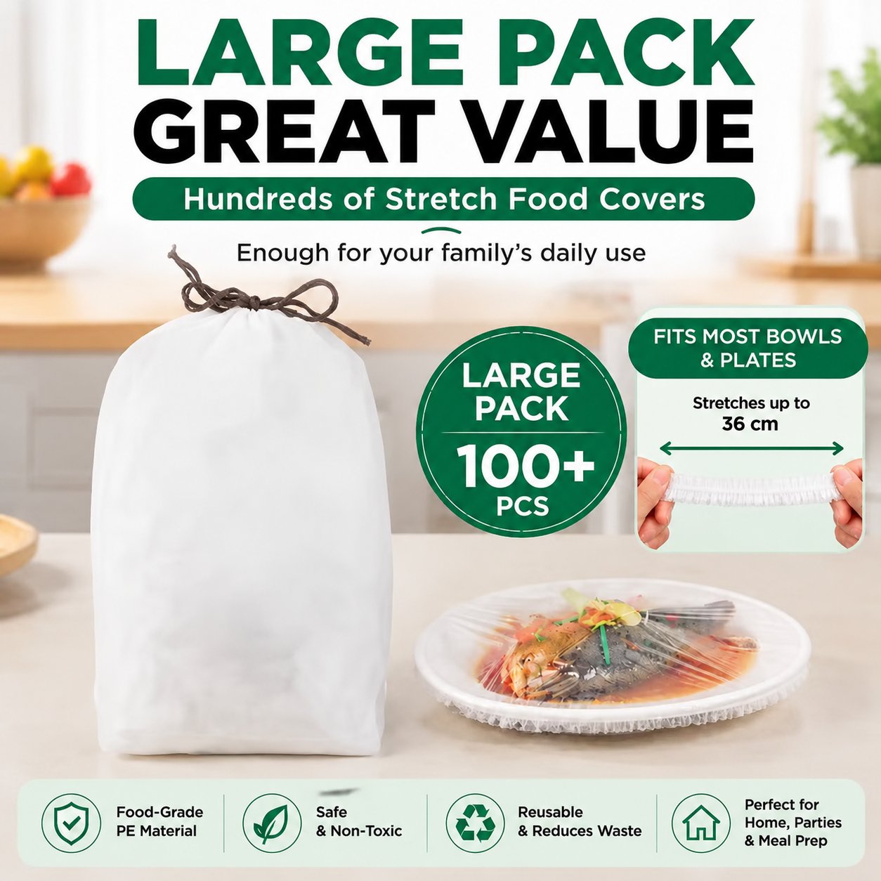🥗 Disposable Stretch Food Covers for Bowls & Plates – Food-Grade, BPA-Free & Non-Toxic PE Material