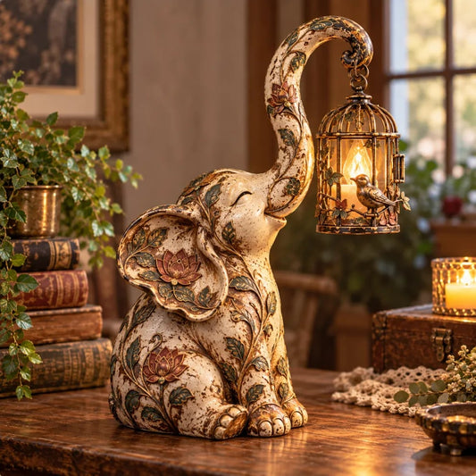 🐘✨Vintage Elephant Lantern Statue – Boho Floral Elephant Decor with Warm Hanging Light