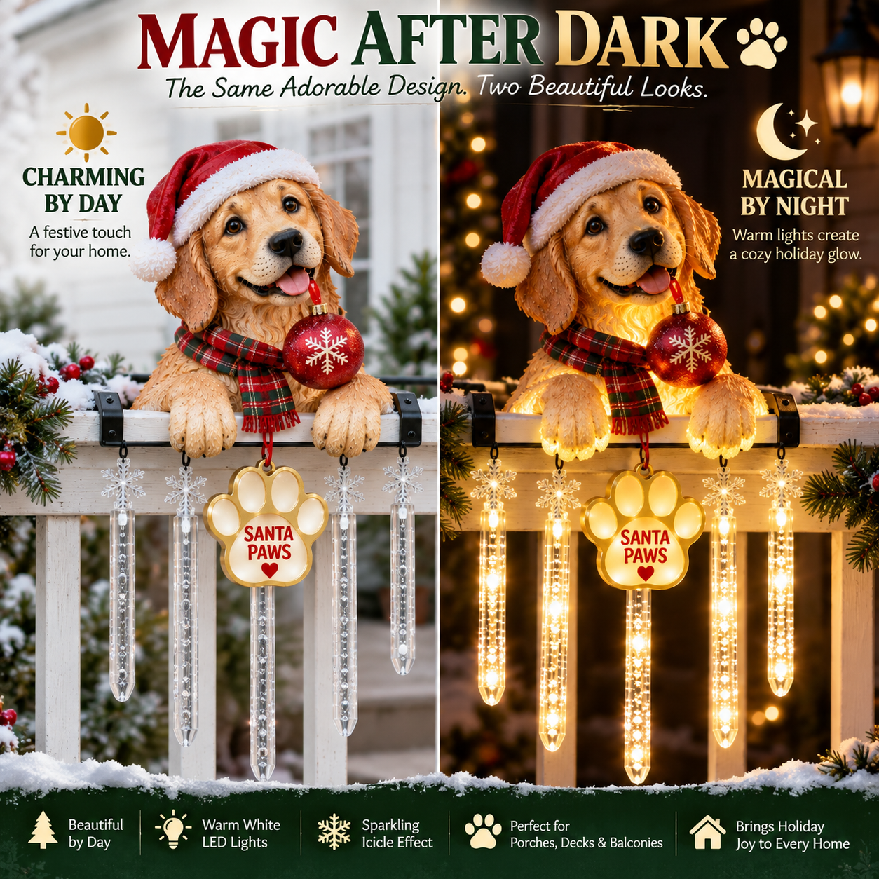 Santa Paws railing decor shown during daytime and nighttime