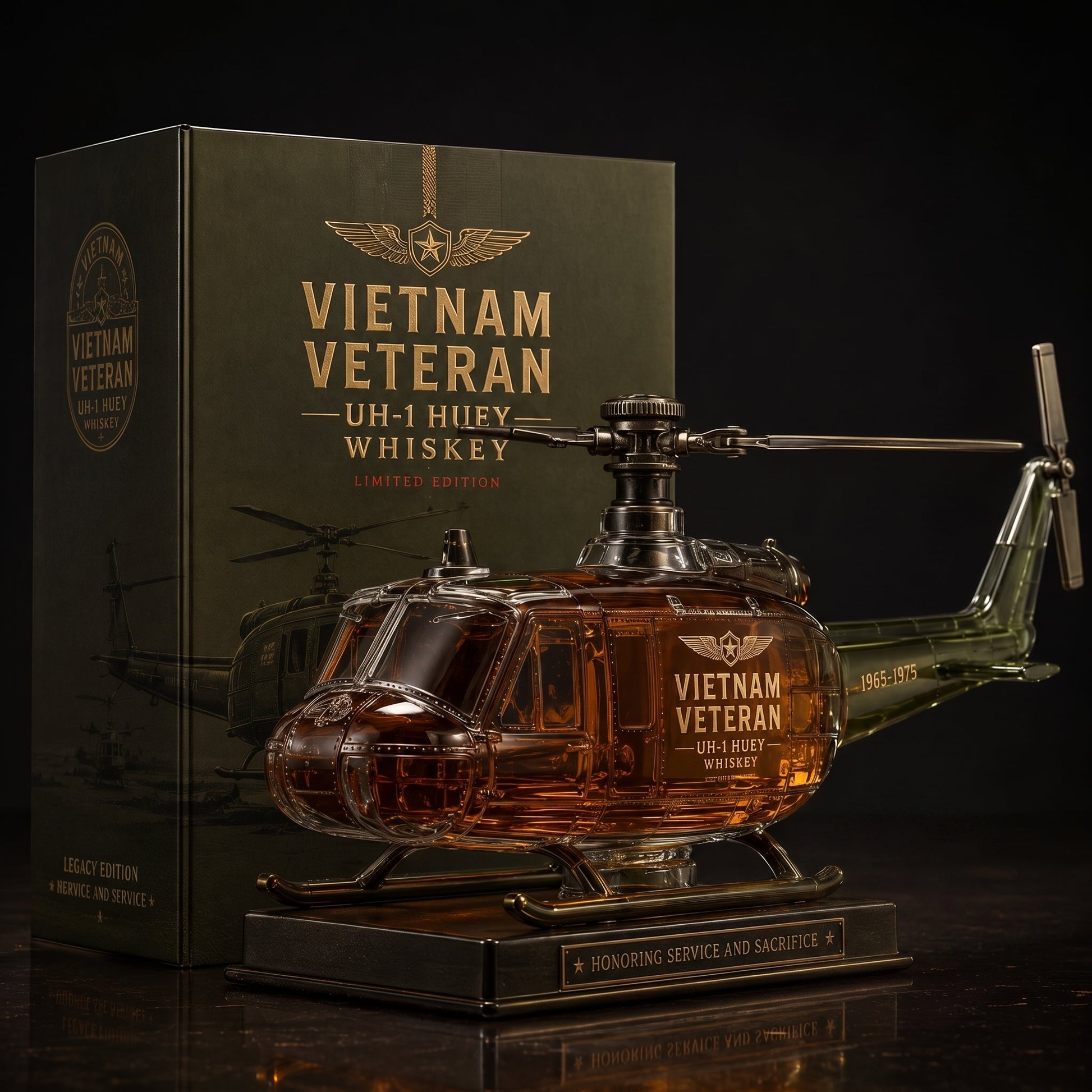 🇺🇸🚁Vietnam Veteran UH-1 Huey Helicopter 1965-1975 Whiskey Bottle