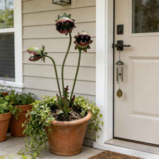Piquet de jardin fantaisiste en métal en forme de plante carnivore pour la décoration extérieure