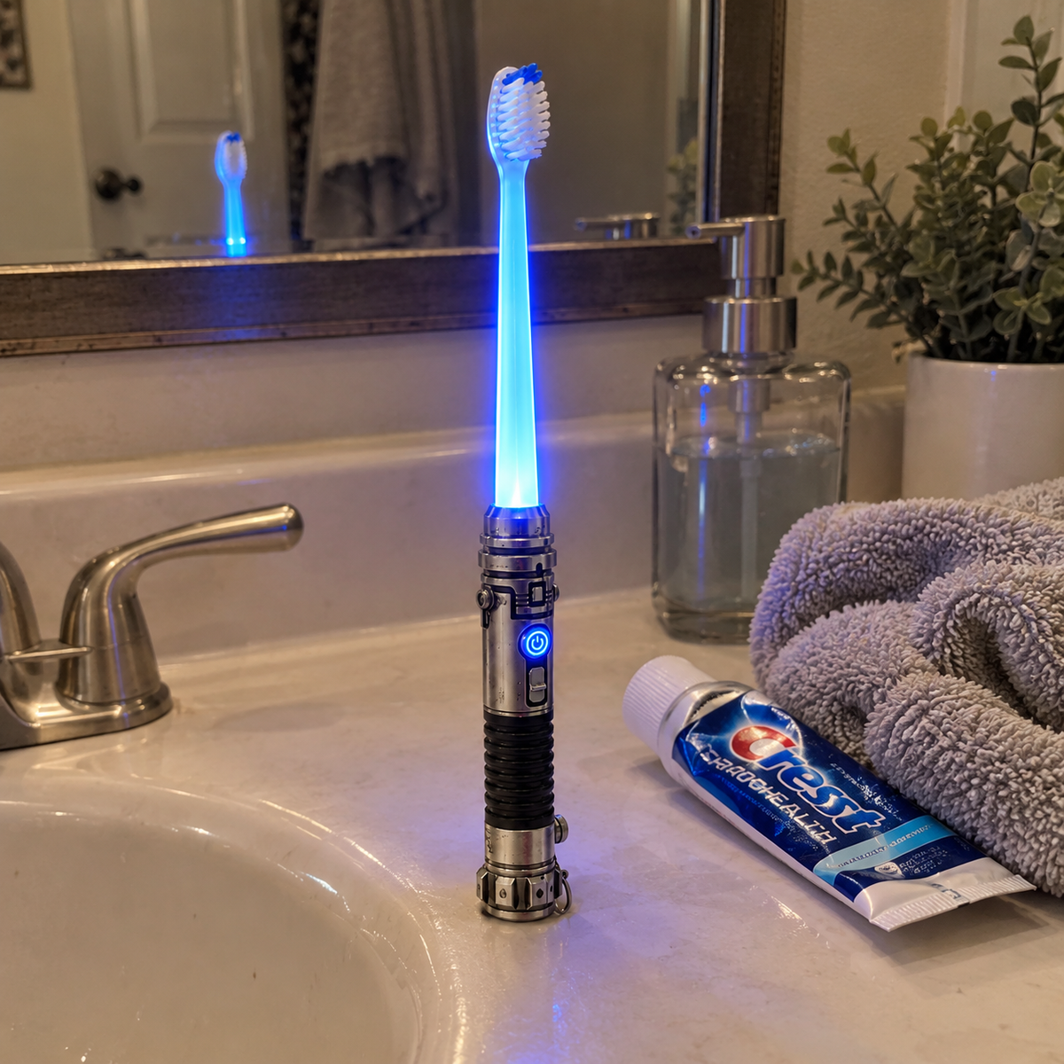 Blue Galactic Glow toothbrush illuminated beside a bathroom sink