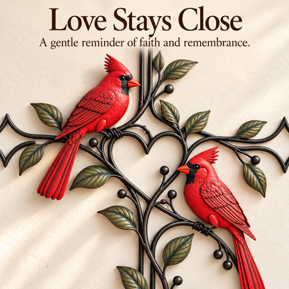 🐦❤️ Love Stays Close – Cardinal Heart Cross Wall Decor