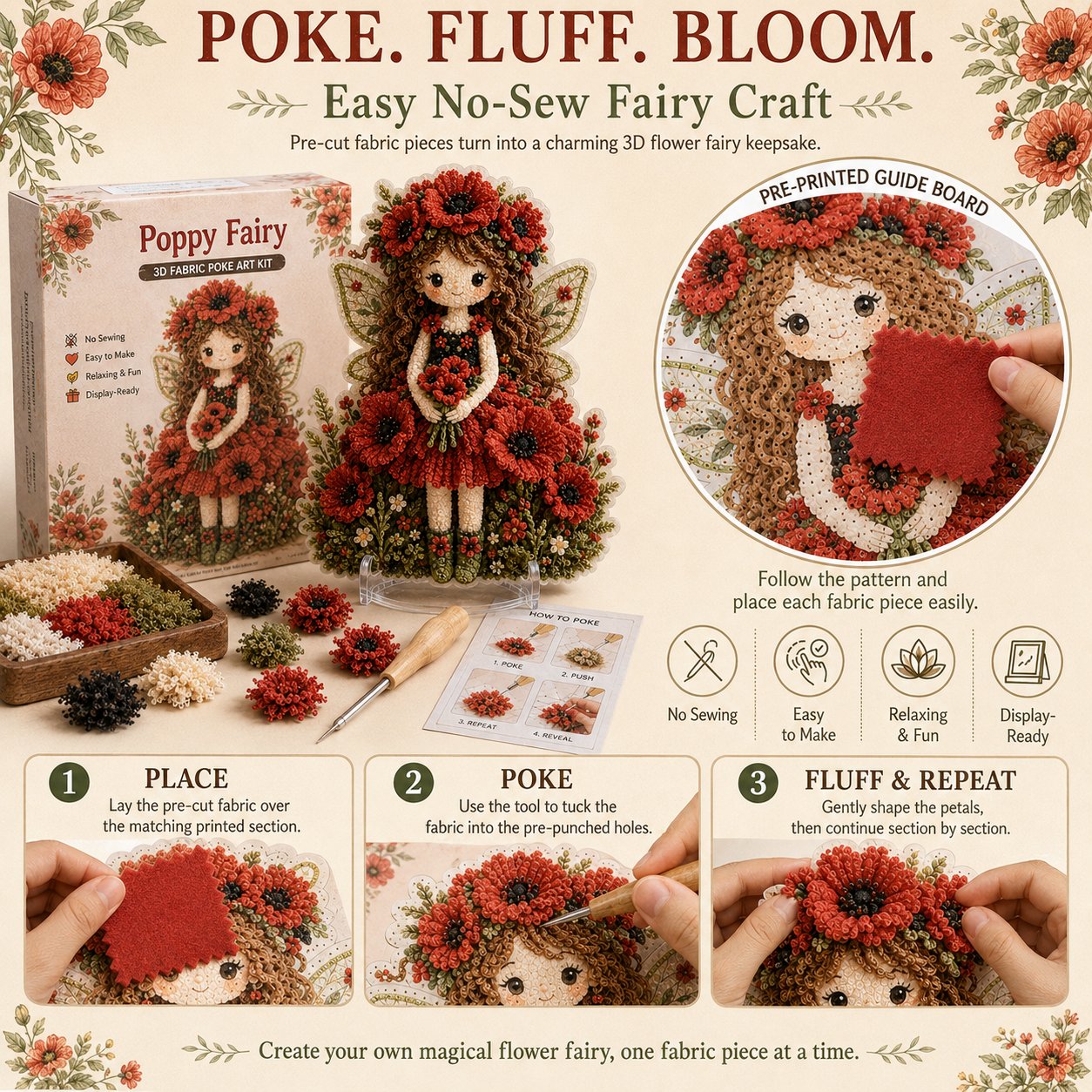 🔥 LAST DAY 49% OFF – 🌸🧚‍♀️ Flower Fairy 3D Fabric Poke Art Kit | No-Sew Fluffy Fabric Craft with Raised Floral Texture & Display-Ready Fairy Decor ✨