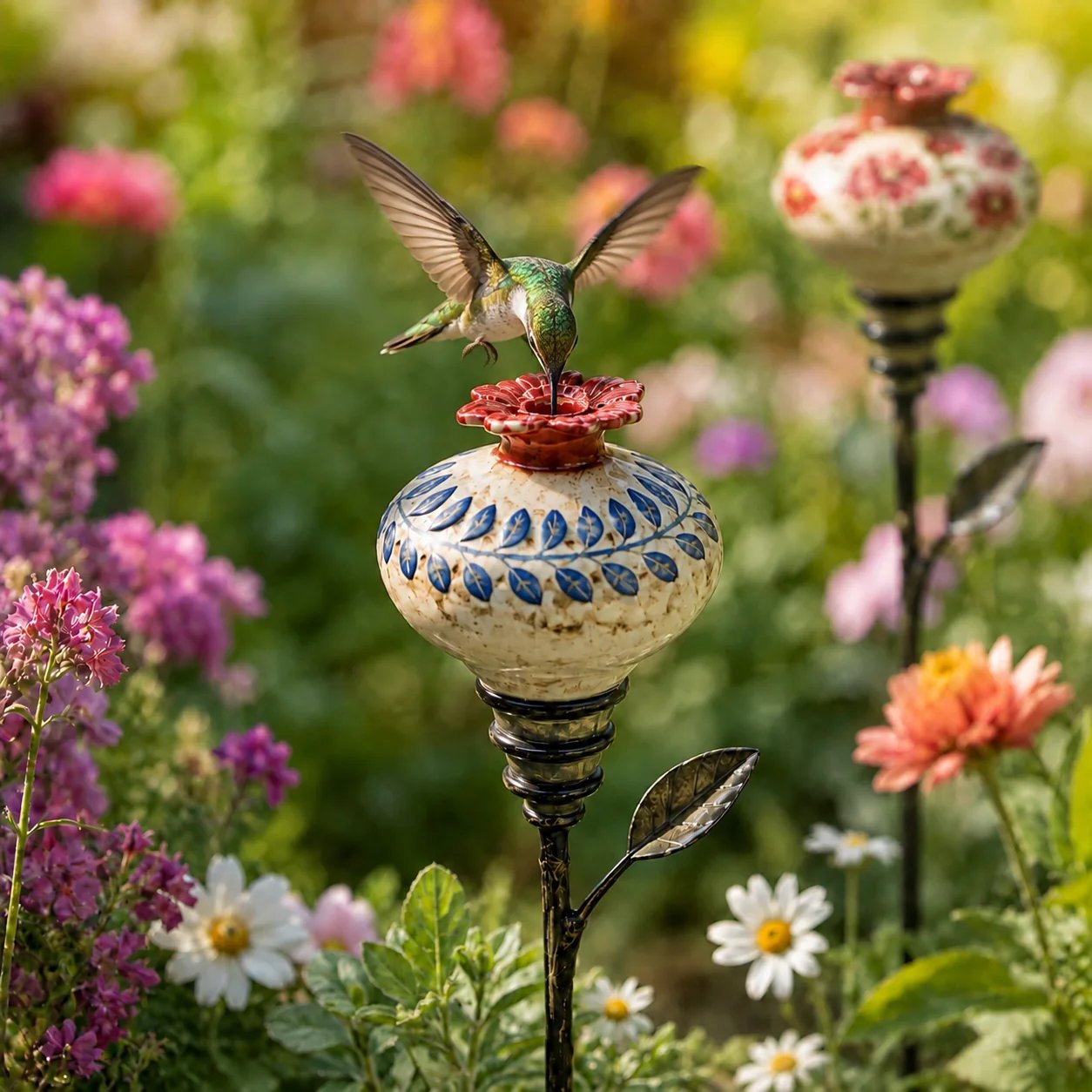 Hummingbird drinking from vintage ceramic hummingbird feeder