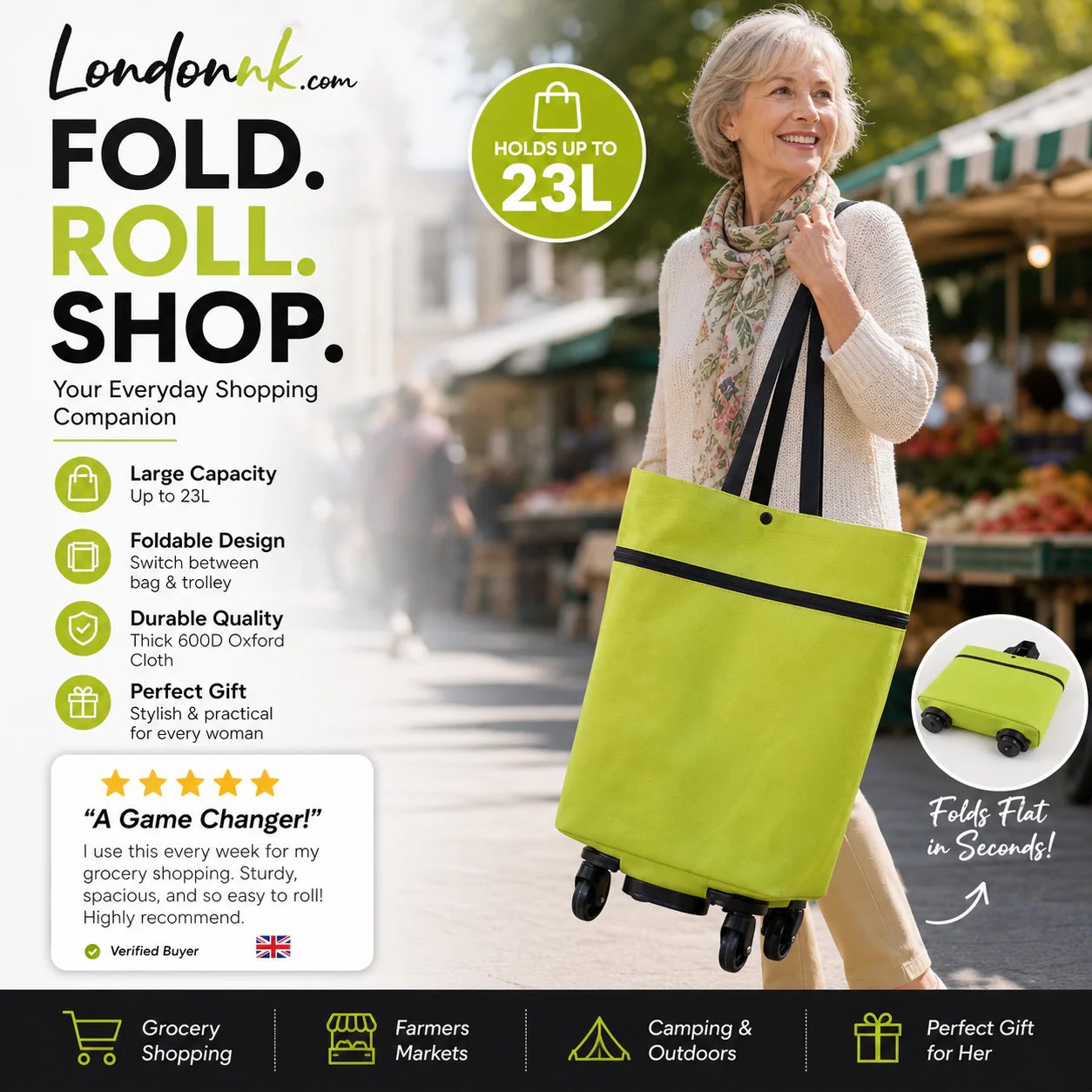 🛒 2-in-1 Foldable Rolling Shopping Trolley Bag -[49% OFF]- ✨ 23L Large Capacity Reduce Hand Strain