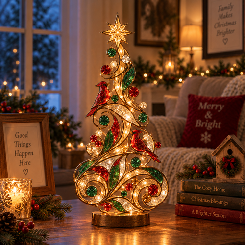 🐦Lighted Stained Glass-Inspired Christmas Tree Tabletop Decor with Red Cardinal Birds