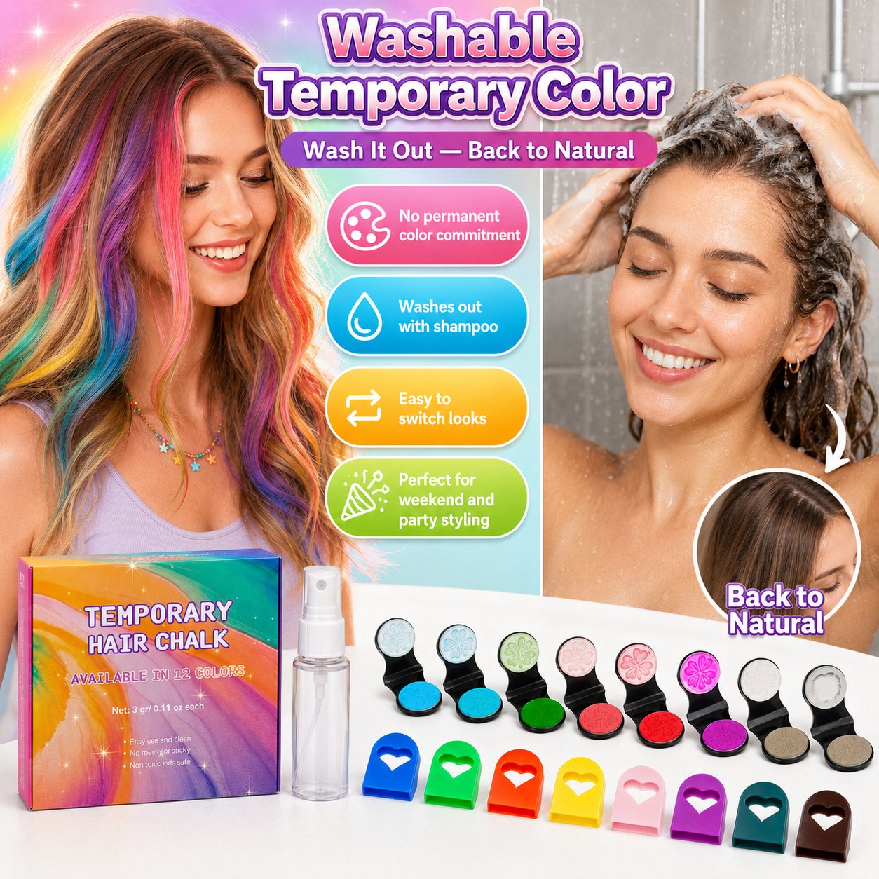 🌈 12-Color Washable Hair Chalk Styling Applicator Set | Vibrant Buildable Shades in Easy Clamp-On Applicators for Highlights, Streaks & Costume Looks ✨