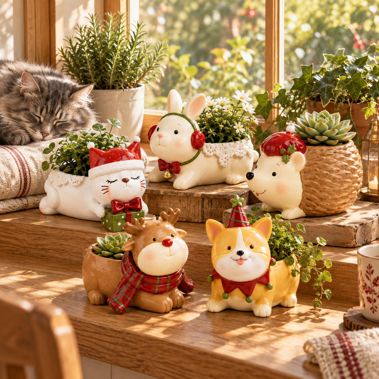Christmas animal planters decorating a cozy home