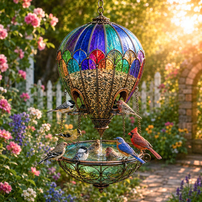 🌈 Stained Glass Hot Air Balloon Bird Feeder Fountain🐦