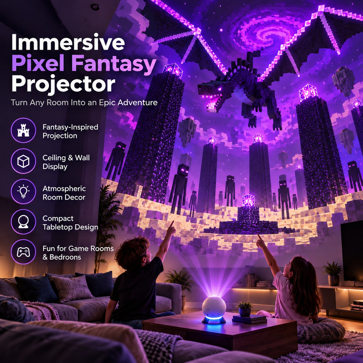 Purple pixel fantasy projection with a dramatic dragon-inspired scene