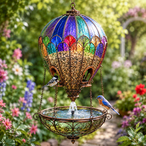 🌈 Stained Glass Hot Air Balloon Bird Feeder Fountain🐦