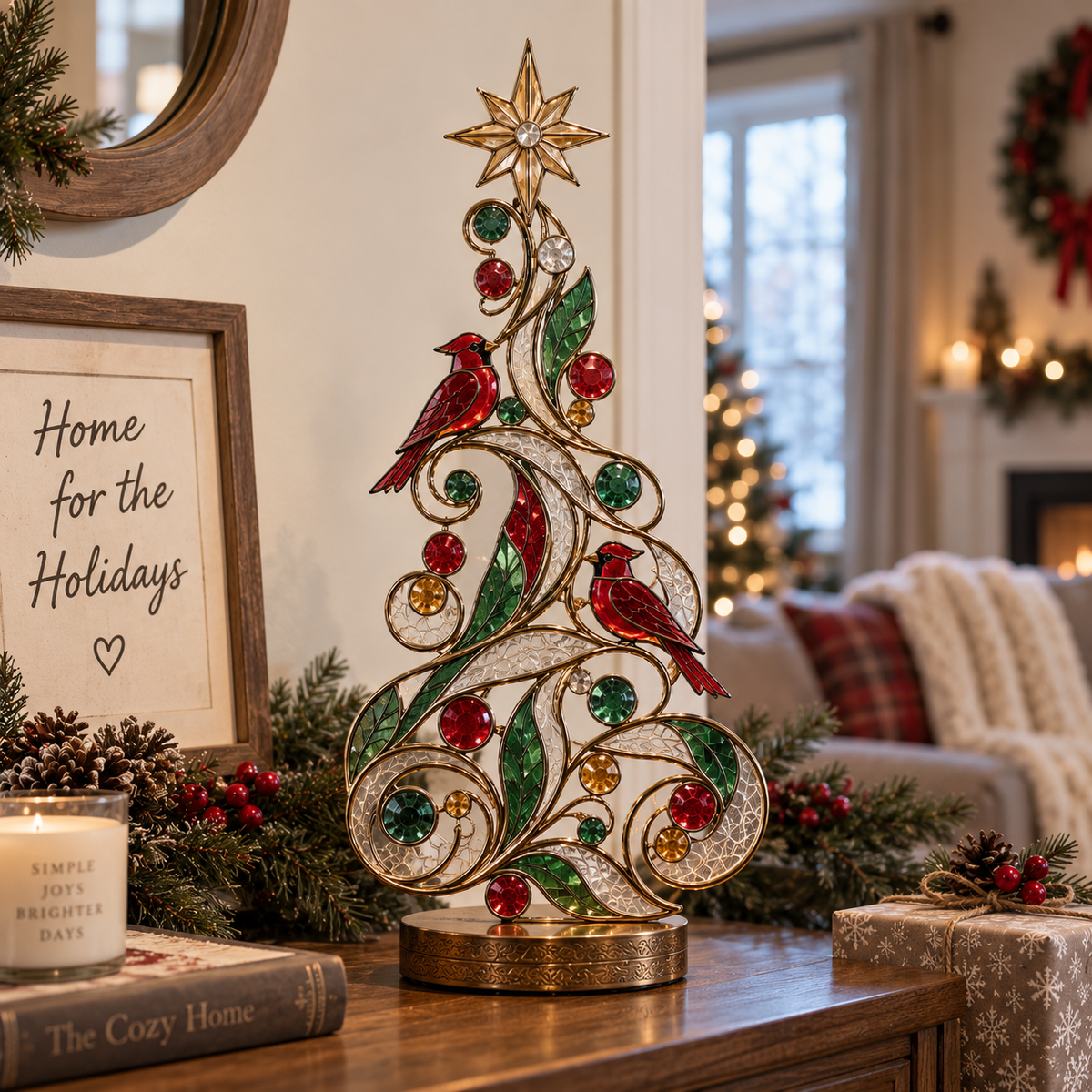 🐦Lighted Stained Glass-Inspired Christmas Tree Tabletop Decor with Red Cardinal Birds