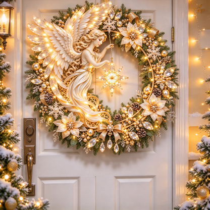 ✨ Heavenly Angel Christmas Wreath – Lighted Holiday Door Decor ✨