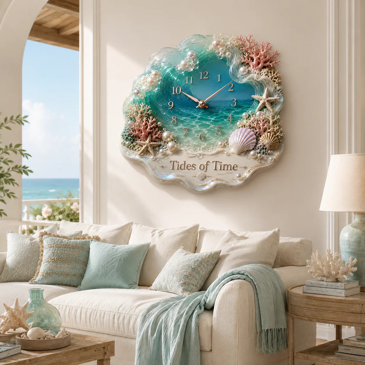 🔥HOT SALE 49% OFF🔥Tides of Time Ocean Wave Wall Clock – Iridescent Coastal Décor with Pearls, Seashells & Coral